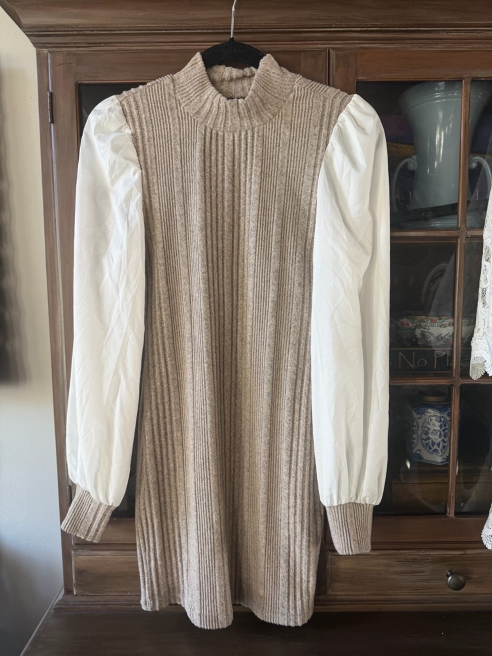 Knit Sweater Dress with White Puff Sleeves - Neutral Beige
